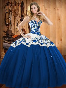 Best Selling Sweetheart Sleeveless Sweet 16 Dress Floor Length Embroidery Blue Satin and Tulle