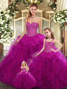 Fuchsia Vestidos de Quinceanera Military Ball and Sweet 16 and Quinceanera with Beading and Ruffles Sweetheart Sleeveless Lace Up