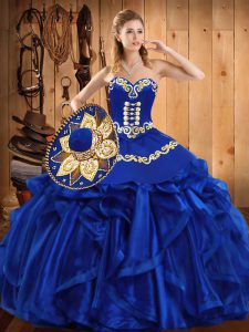 Royal Blue Sleeveless Floor Length Embroidery and Ruffles Lace Up Vestidos de Quinceanera