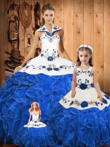 Fantastic Halter Top Sleeveless Sweet 16 Dresses Floor Length Embroidery and Ruffles Blue Tulle