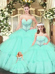 Attractive Sweetheart Sleeveless Tulle Quinceanera Gown Beading and Ruching Lace Up