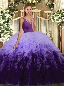 Sleeveless Tulle Floor Length Backless Quinceanera Gown in Multi-color with Ruffles