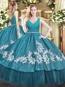 Teal Ball Gowns V-neck Sleeveless Tulle Floor Length Zipper Beading and Appliques Quinceanera Dress