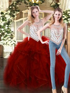 Sleeveless Tulle Floor Length Zipper Quinceanera Gowns in Wine Red with Beading and Ruffles
