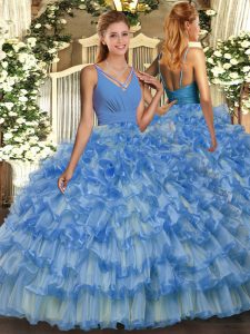 Traditional V-neck Sleeveless Quinceanera Gowns Floor Length Beading and Ruffled Layers Blue Organza