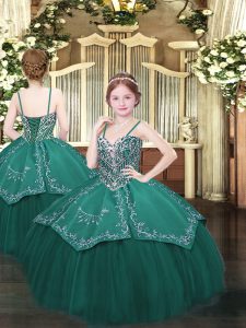 Attractive Dark Green Lace Up Spaghetti Straps Beading and Embroidery Pageant Gowns Satin and Organza Sleeveless