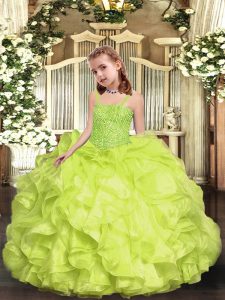 Sleeveless Organza Floor Length Lace Up Pageant Gowns For Girls in Yellow Green with Beading and Ruffles