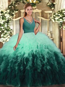 Inexpensive Multi-color Tulle Backless Quinceanera Gown Sleeveless Floor Length Ruffles