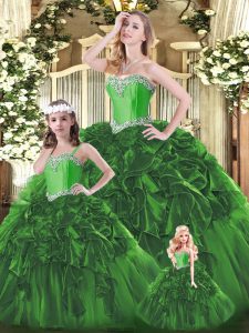 Sumptuous Sleeveless Organza Floor Length Lace Up Sweet 16 Dress in Green with Beading and Ruffles