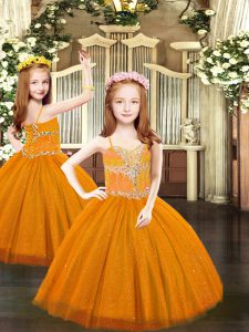 Trendy Rust Red Sleeveless Tulle Lace Up Little Girls Pageant Dress Wholesale for Party and Quinceanera