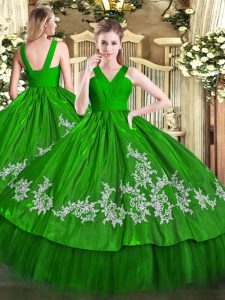 Fashionable V-neck Sleeveless Zipper Sweet 16 Quinceanera Dress Green Satin and Tulle