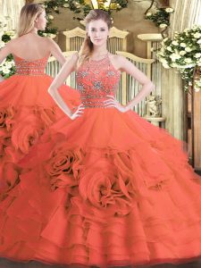 Popular Floor Length Red Vestidos de Quinceanera Tulle Sleeveless Beading and Ruffled Layers