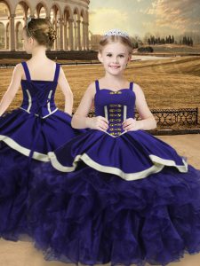 Purple Ball Gowns Straps Sleeveless Organza Floor Length Lace Up Beading and Ruffles Girls Pageant Dresses