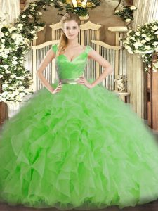 Decent Organza V-neck Sleeveless Zipper Ruffles 15th Birthday Dress in Green