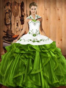 Olive Green Lace Up Sweet 16 Quinceanera Dress Embroidery and Ruffles Sleeveless Floor Length