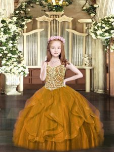 Brown Lace Up Little Girls Pageant Gowns Beading and Ruffles Sleeveless Floor Length