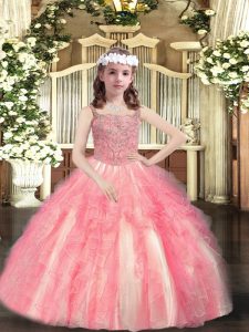 Watermelon Red Sleeveless Beading and Ruffles Floor Length Little Girl Pageant Dress