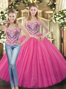 Edgy Floor Length Hot Pink Vestidos de Quinceanera Sweetheart Sleeveless Lace Up