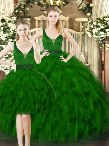 Smart Dark Green Sleeveless Beading and Ruffles Floor Length Quince Ball Gowns