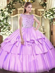 Sexy Bateau Sleeveless Quinceanera Dress Floor Length Beading and Ruffled Layers Lavender Tulle