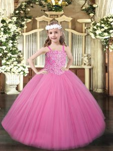 Best Floor Length Lace Up Little Girls Pageant Dress Rose Pink for Party and Quinceanera with Beading