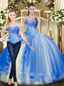 Baby Blue Tulle Lace Up Sweetheart Sleeveless Floor Length 15 Quinceanera Dress Beading