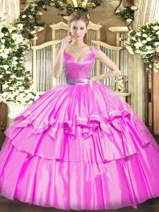 Captivating Fuchsia Ball Gowns V-neck Sleeveless Tulle Floor Length Zipper Beading and Ruffled Layers Sweet 16 Dress
