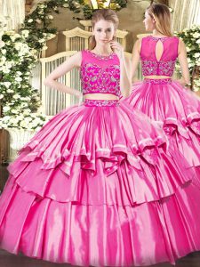 Rose Pink Two Pieces Beading and Ruffled Layers 15 Quinceanera Dress Zipper Tulle Sleeveless Floor Length