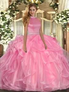 Graceful Watermelon Red Ball Gowns Organza Halter Top Sleeveless Beading and Ruffles Floor Length Backless Quince Ball Gowns