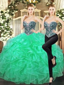 Turquoise Tulle Lace Up Sweet 16 Dress Sleeveless Floor Length Beading and Ruffles