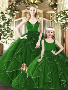 Dazzling Floor Length Green 15 Quinceanera Dress V-neck Sleeveless Zipper