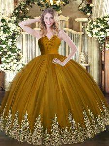 Elegant Brown Ball Gowns V-neck Sleeveless Tulle Floor Length Zipper Appliques 15 Quinceanera Dress