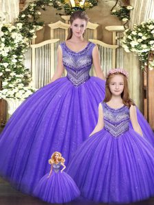 Eggplant Purple Scoop Neckline Beading Sweet 16 Dresses Sleeveless Lace Up