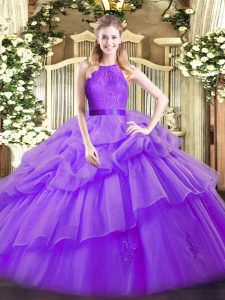 Sleeveless Floor Length Lace and Ruffled Layers Zipper Quinceanera Gowns with Eggplant Purple