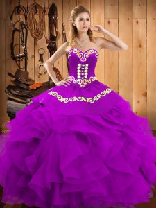 Eggplant Purple Sleeveless Floor Length Embroidery and Ruffles Lace Up Quinceanera Dress