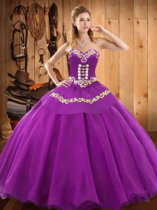 Purple Satin and Tulle Lace Up Sweetheart Sleeveless Floor Length Sweet 16 Dress Embroidery