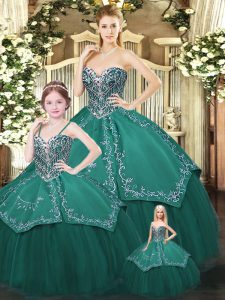 Super Ball Gowns Ball Gown Prom Dress Dark Green Sweetheart Satin and Tulle Sleeveless Floor Length Lace Up