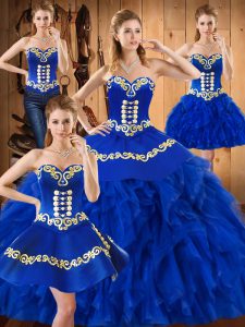 Wonderful Blue Satin and Organza Lace Up 15 Quinceanera Dress Sleeveless Floor Length Embroidery and Ruffles