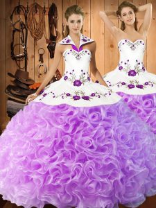 Charming Lilac Lace Up Halter Top Embroidery Sweet 16 Dress Fabric With Rolling Flowers Sleeveless