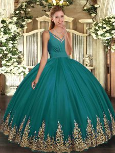 Fancy Turquoise Backless Quinceanera Gowns Appliques Sleeveless Floor Length