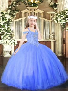 Attractive Blue Lace Up Little Girls Pageant Gowns Beading Sleeveless Floor Length