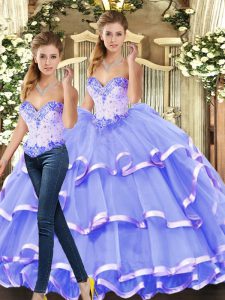 Custom Fit Lavender Quinceanera Dresses Military Ball and Sweet 16 and Quinceanera with Beading and Ruffled Layers Sweetheart Sleeveless Lace Up