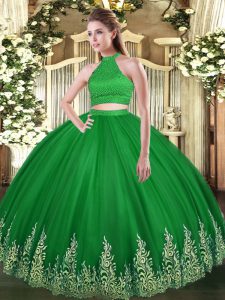 Green Ball Gowns Halter Top Sleeveless Tulle Floor Length Backless Beading and Appliques Sweet 16 Dresses