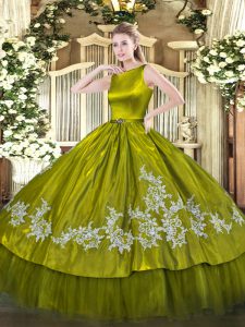 Satin and Tulle Scoop Sleeveless Clasp Handle Embroidery Sweet 16 Quinceanera Dress in Olive Green