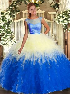 Elegant Multi-color Organza Backless Scoop Sleeveless Floor Length Quinceanera Gown Lace and Ruffles