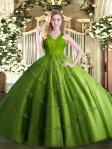 Ball Gowns Sweet 16 Dresses Olive Green V-neck Tulle Sleeveless Floor Length Zipper