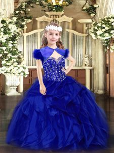 Elegant Floor Length Royal Blue Pageant Dress for Teens Straps Sleeveless Lace Up