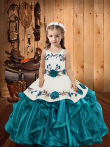 Teal Organza Lace Up Straps Sleeveless Floor Length Kids Formal Wear Embroidery and Ruffles