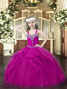 Fuchsia Straps Neckline Beading and Ruffles Pageant Gowns For Girls Sleeveless Lace Up