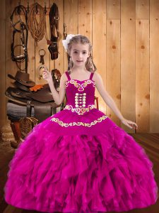 Sleeveless Floor Length Embroidery and Ruffles Lace Up Little Girl Pageant Dress with Fuchsia